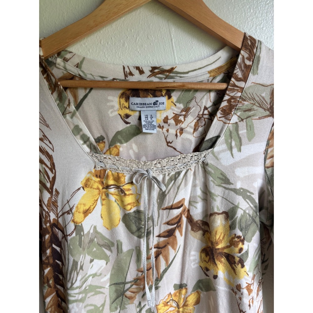 Caribbean Joe Womens Tropical Floral Square Neck Crochet Trim 3/4 Sleeve Top S - Picture 3 of 7